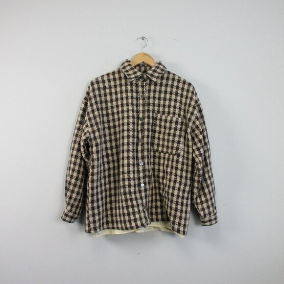 Princess Polly Women Plaid Jacket L Wool Blend Ivory Brown Button Cozy Warm 956 - Picture 1 of 9